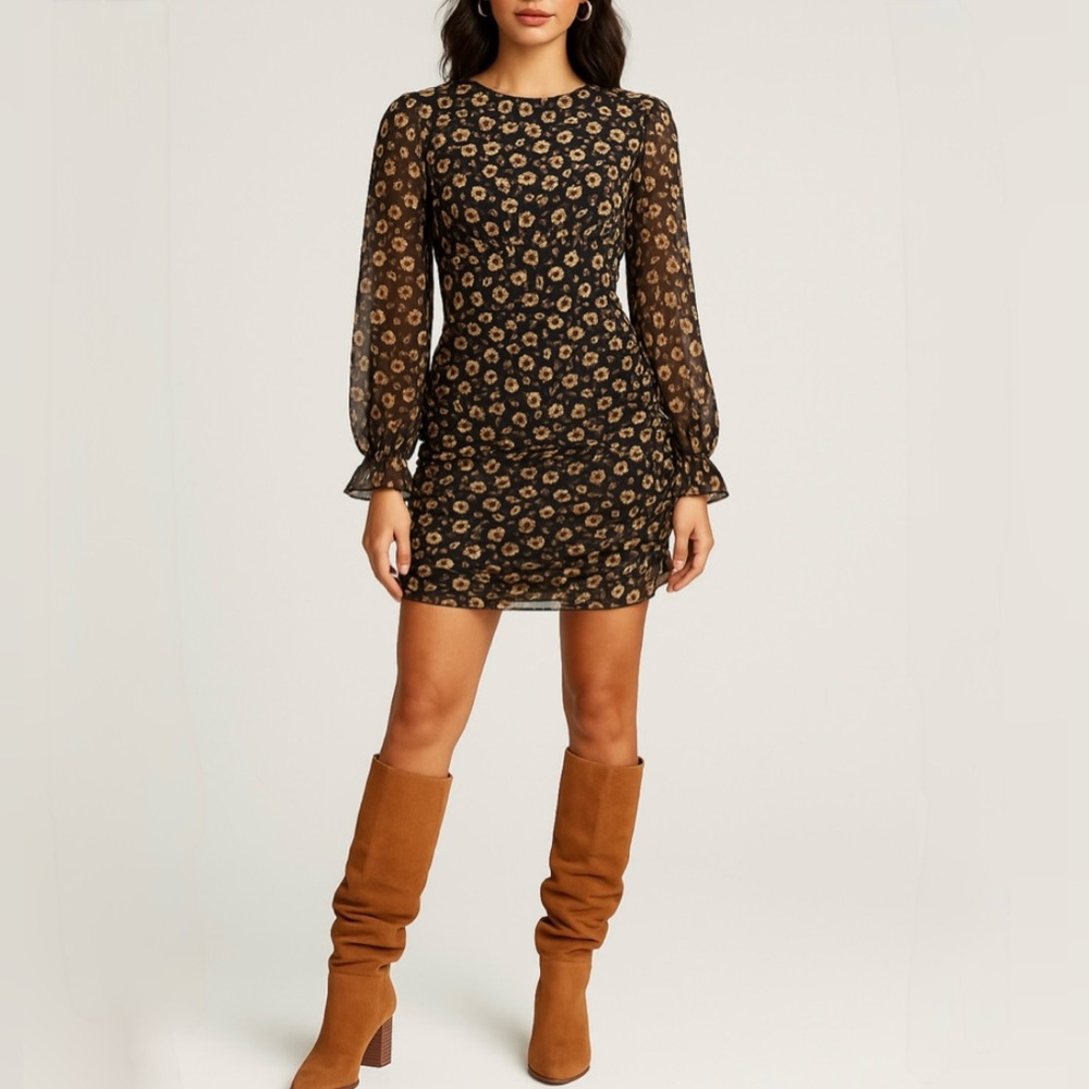 STORIA Swiss Dot Floral Corset-Inspired Ruched Long Sleeve Dress Size Large💛